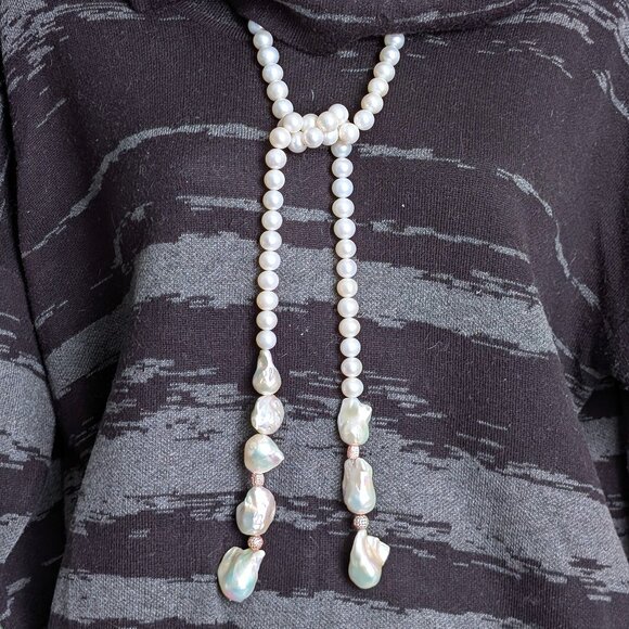 White Keshi Baroque Pearl Freshwater Pearl Wrap Tie Flapper Rope Beaded Necklace